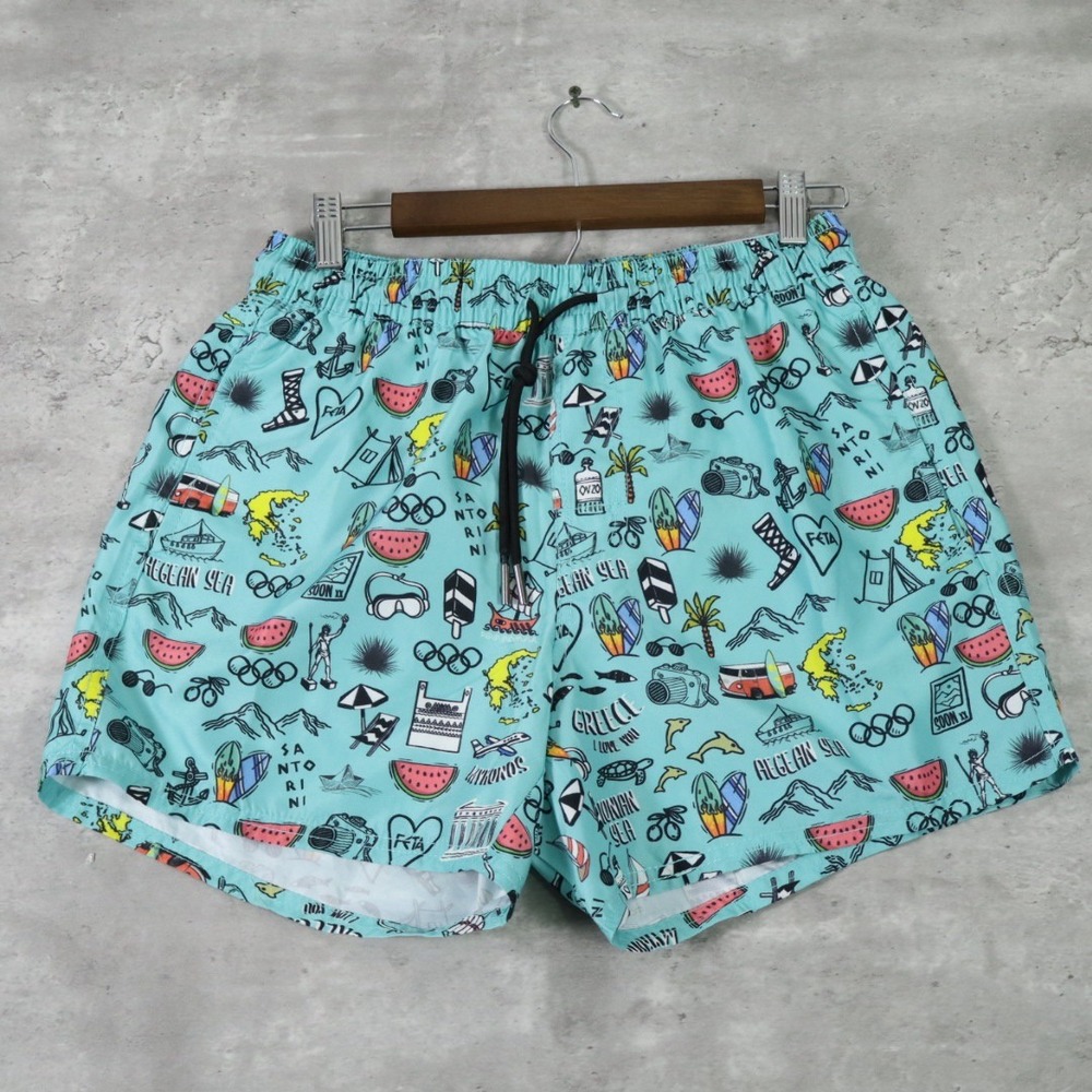 Free Line Athens Swim Shorts Small Teal Greek Vacation Print Trunks